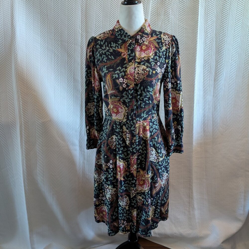 Loft Petites Navy Blue Floral Shirt Dress Long Sleeve Size 4P Pockets Office